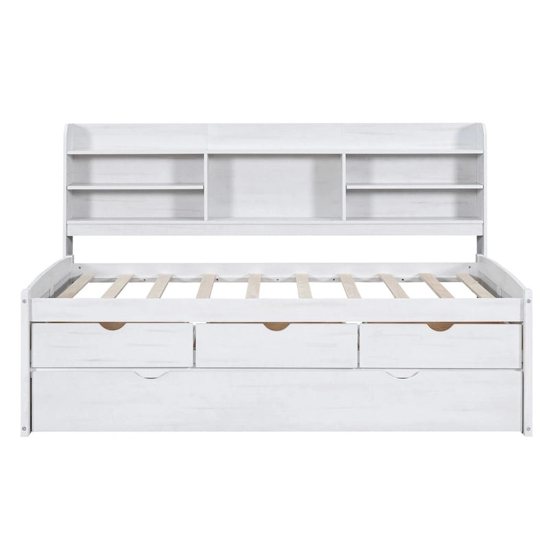 Solid Pine Wood Captain Bed with Bookcase Headboard, Storage Drawers and Pull-Out Trundle, Gray