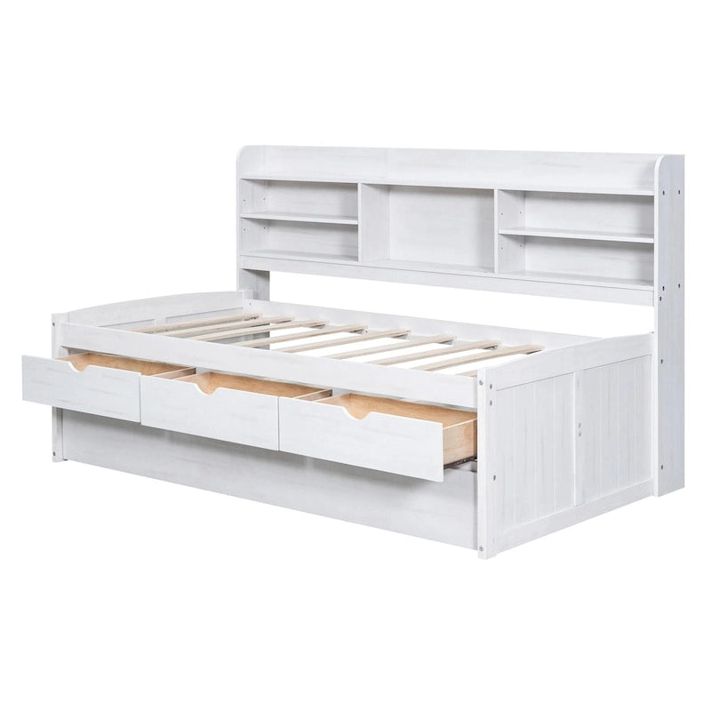 Solid Pine Wood Captain Bed with Bookcase Headboard, Storage Drawers and Pull-Out Trundle, Gray