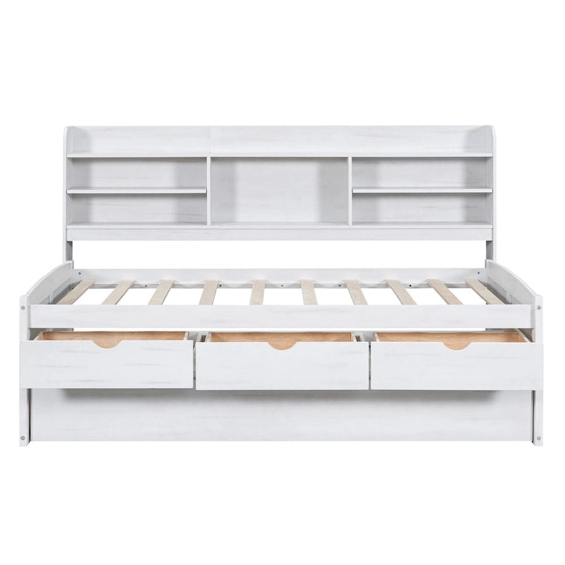 Solid Pine Wood Captain Bed with Bookcase Headboard, Storage Drawers and Pull-Out Trundle, Gray
