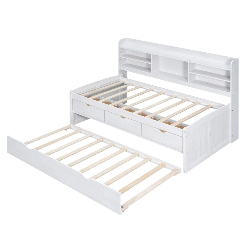 Solid Pine Wood Captain Bed with Bookcase Headboard, Storage Drawers and Pull-Out Trundle, Gray