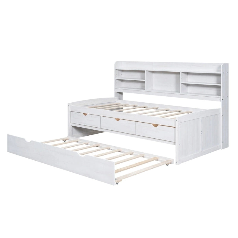 Solid Pine Wood Captain Bed with Bookcase Headboard, Storage Drawers and Pull-Out Trundle, Gray