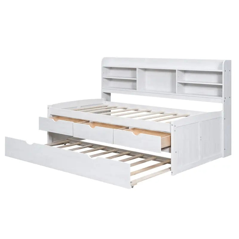 Solid Pine Wood Captain Bed with Bookcase Headboard, Storage Drawers and Pull-Out Trundle, Gray