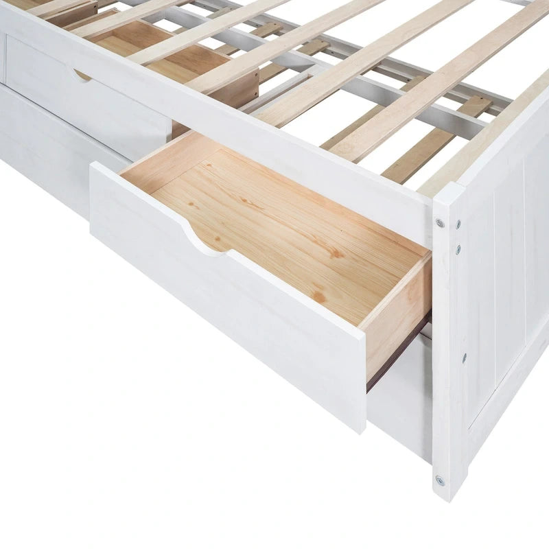 Solid Pine Wood Captain Bed with Bookcase Headboard, Storage Drawers and Pull-Out Trundle, Gray