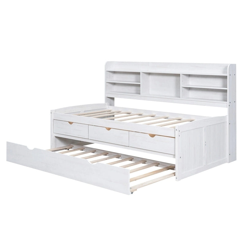 Solid Pine Wood Captain Bed with Bookcase Headboard, Storage Drawers and Pull-Out Trundle, Gray