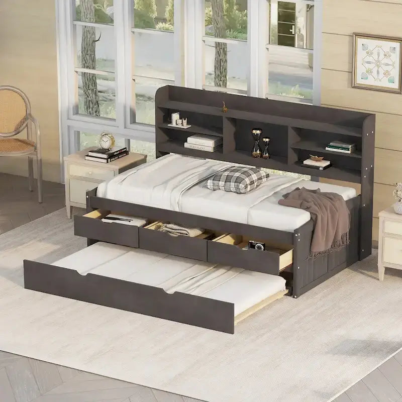 Solid Pine Wood Captain Bed with Bookcase Headboard, Storage Drawers and Pull-Out Trundle, Gray