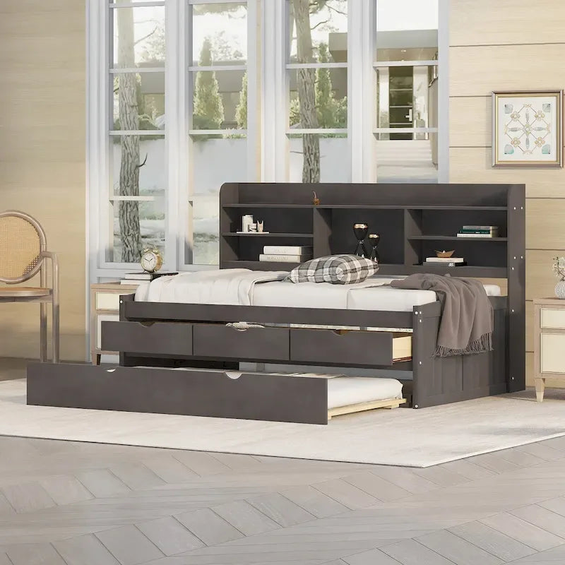Solid Pine Wood Captain Bed with Bookcase Headboard, Storage Drawers and Pull-Out Trundle, Gray