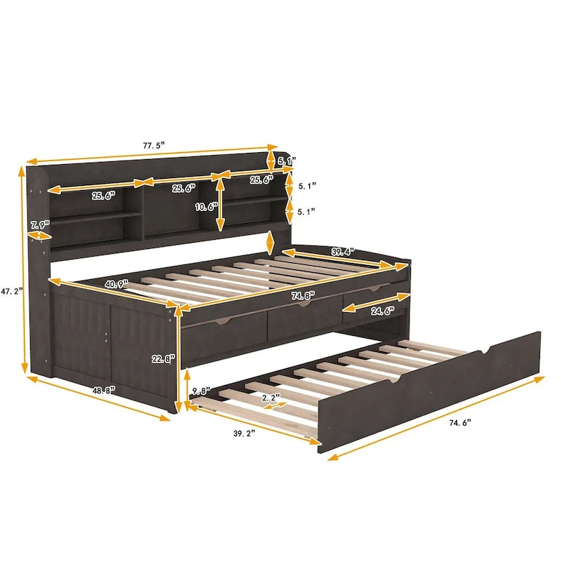 Solid Pine Wood Captain Bed with Bookcase Headboard, Storage Drawers and Pull-Out Trundle, Gray