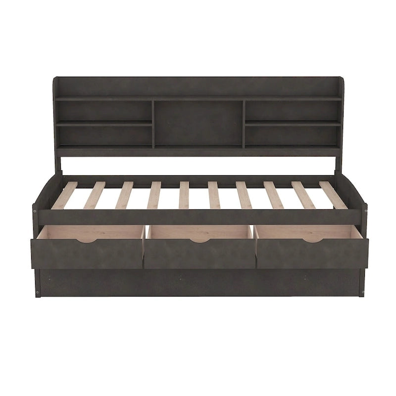 Solid Pine Wood Captain Bed with Bookcase Headboard, Storage Drawers and Pull-Out Trundle, Gray