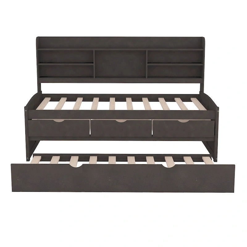 Solid Pine Wood Captain Bed with Bookcase Headboard, Storage Drawers and Pull-Out Trundle, Gray