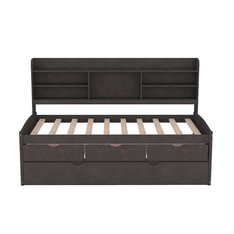 Solid Pine Wood Captain Bed with Bookcase Headboard, Storage Drawers and Pull-Out Trundle, Gray