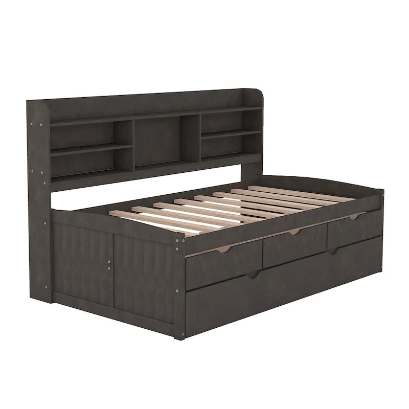 Solid Pine Wood Captain Bed with Bookcase Headboard, Storage Drawers and Pull-Out Trundle, Gray