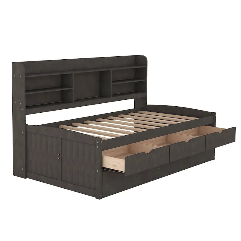Solid Pine Wood Captain Bed with Bookcase Headboard, Storage Drawers and Pull-Out Trundle, Gray