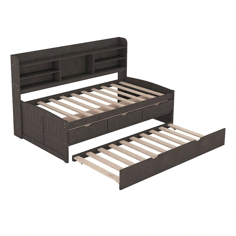 Solid Pine Wood Captain Bed with Bookcase Headboard, Storage Drawers and Pull-Out Trundle, Gray