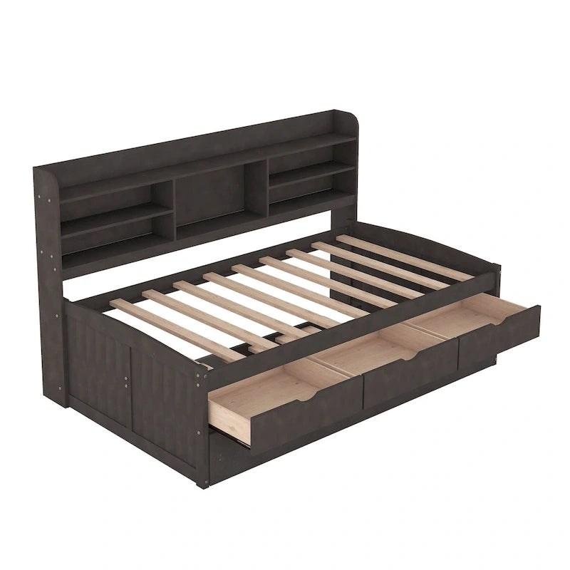 Solid Pine Wood Captain Bed with Bookcase Headboard, Storage Drawers and Pull-Out Trundle, Gray