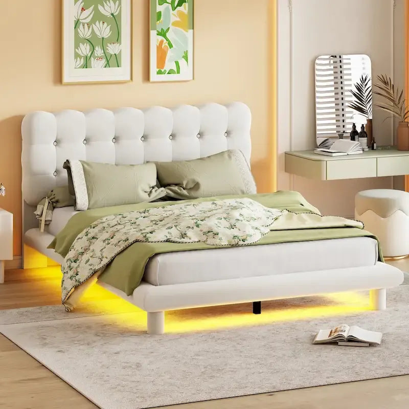Velvet Upholstered Platform Bed Frame with LED Lights Button-Tufted Headboard