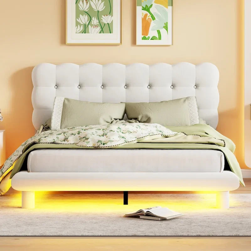 Velvet Upholstered Platform Bed Frame with LED Lights Button-Tufted Headboard