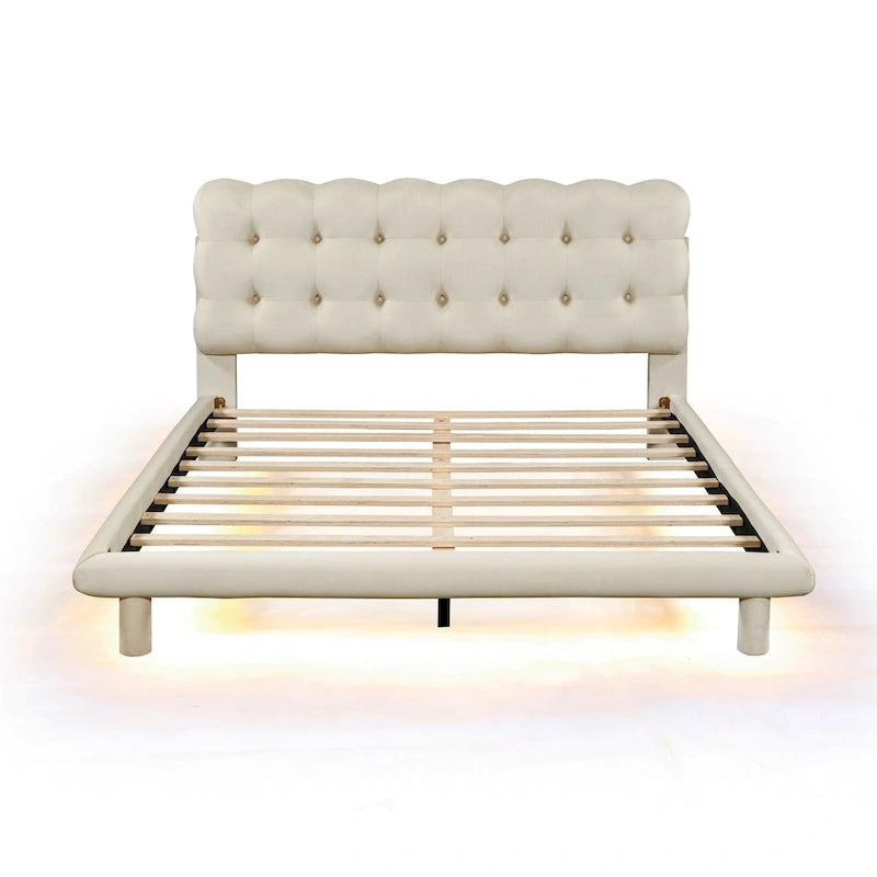 Velvet Upholstered Platform Bed Frame with LED Lights Button-Tufted Headboard
