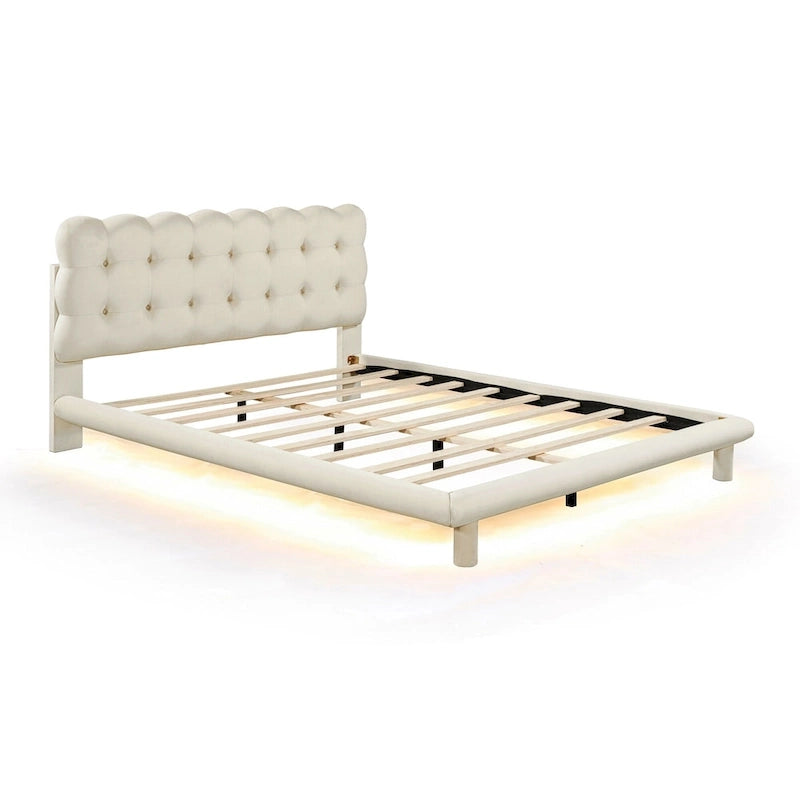 Velvet Upholstered Platform Bed Frame with LED Lights Button-Tufted Headboard