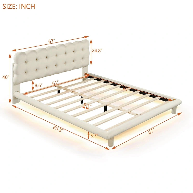 Velvet Upholstered Platform Bed Frame with LED Lights Button-Tufted Headboard