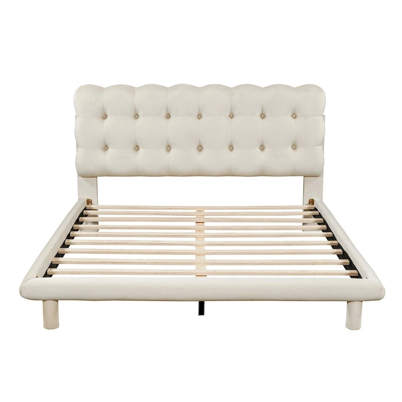Velvet Upholstered Platform Bed Frame with LED Lights Button-Tufted Headboard