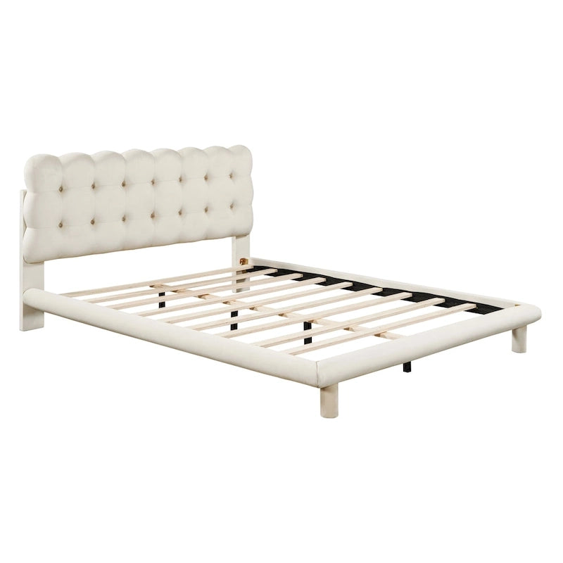 Velvet Upholstered Platform Bed Frame with LED Lights Button-Tufted Headboard
