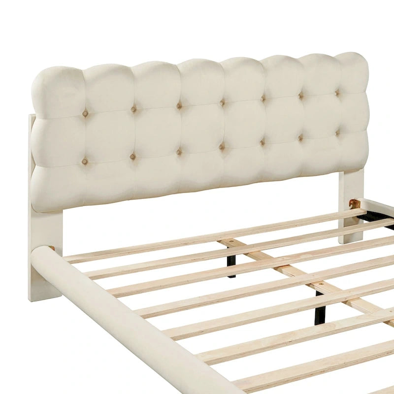 Velvet Upholstered Platform Bed Frame with LED Lights Button-Tufted Headboard