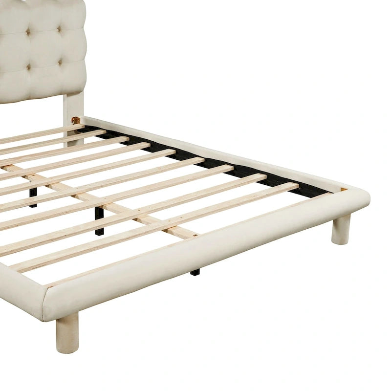 Velvet Upholstered Platform Bed Frame with LED Lights Button-Tufted Headboard