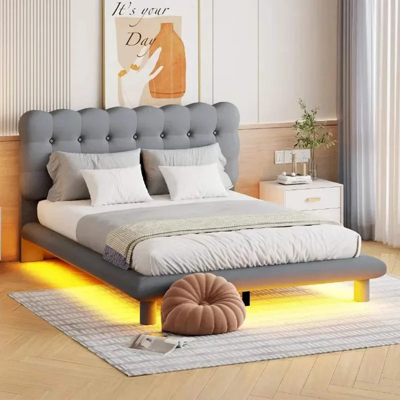 Velvet Upholstered Platform Bed Frame with LED Lights Button-Tufted Headboard
