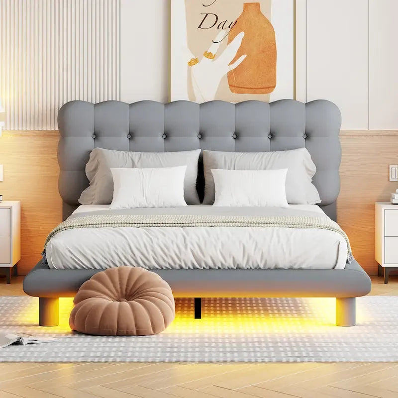 Velvet Upholstered Platform Bed Frame with LED Lights Button-Tufted Headboard