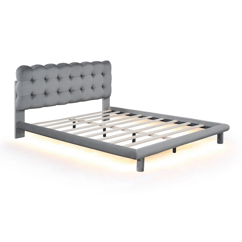 Velvet Upholstered Platform Bed Frame with LED Lights Button-Tufted Headboard