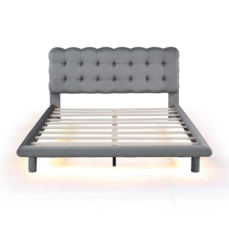 Velvet Upholstered Platform Bed Frame with LED Lights Button-Tufted Headboard