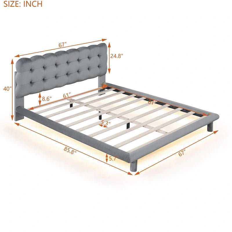 Velvet Upholstered Platform Bed Frame with LED Lights Button-Tufted Headboard