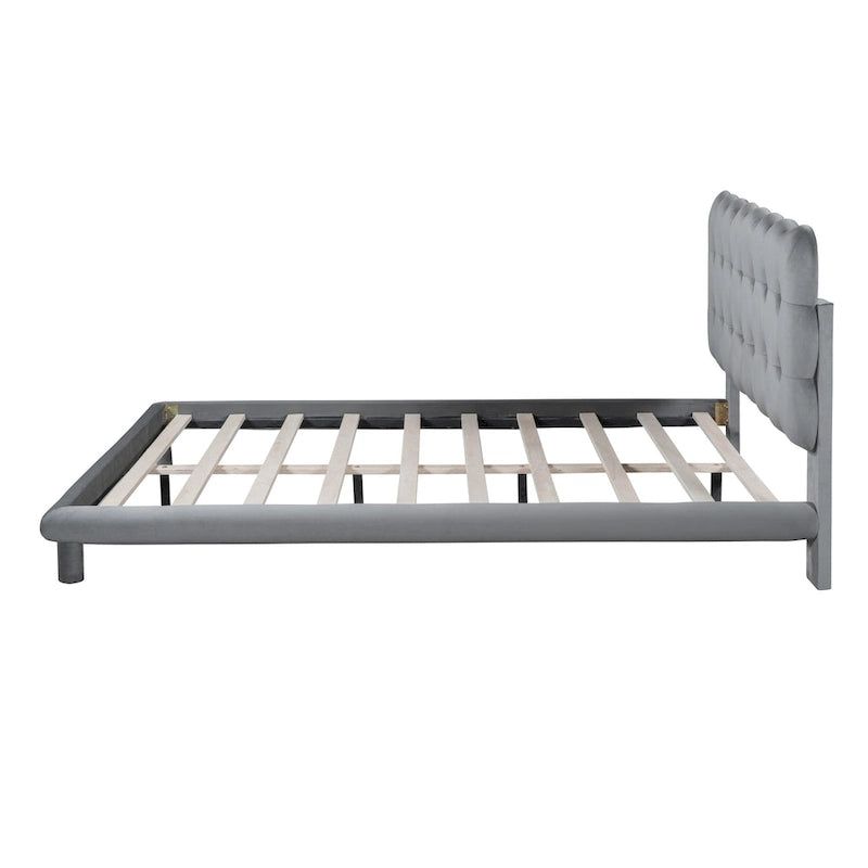 Velvet Upholstered Platform Bed Frame with LED Lights Button-Tufted Headboard