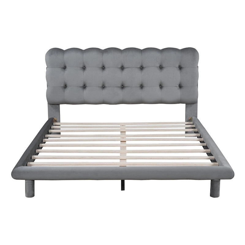 Velvet Upholstered Platform Bed Frame with LED Lights Button-Tufted Headboard