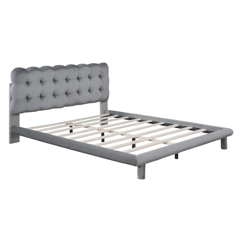 Velvet Upholstered Platform Bed Frame with LED Lights Button-Tufted Headboard