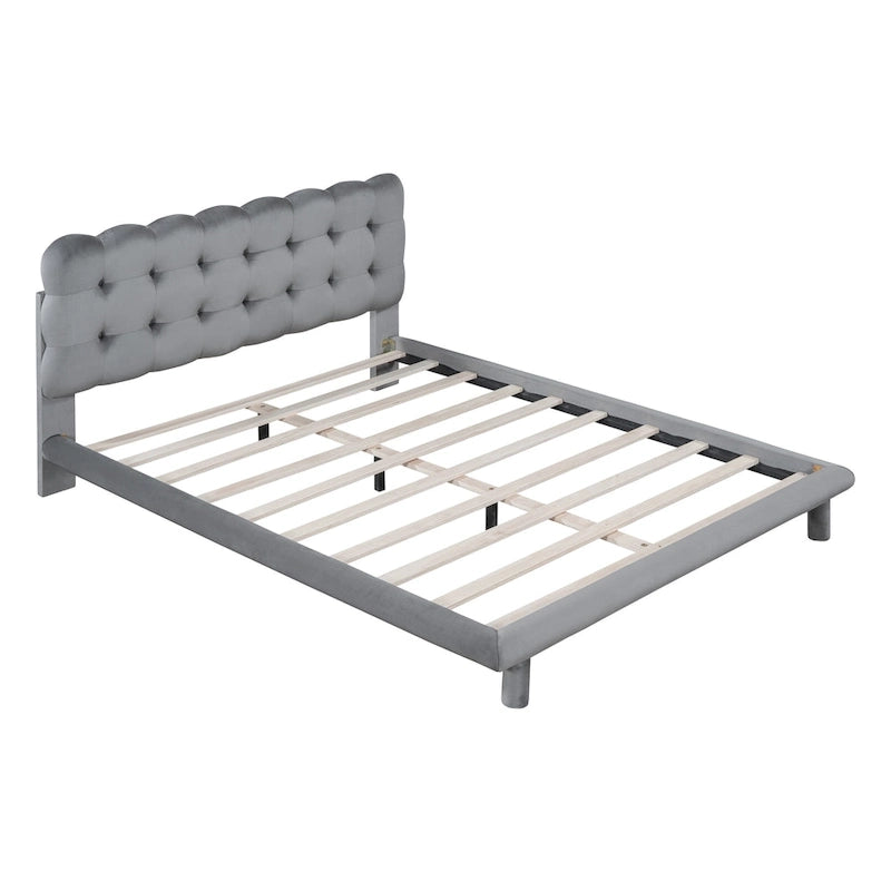 Velvet Upholstered Platform Bed Frame with LED Lights Button-Tufted Headboard