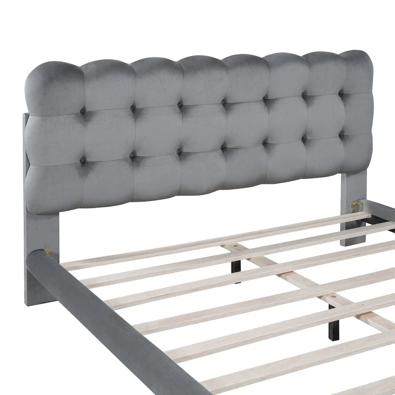 Velvet Upholstered Platform Bed Frame with LED Lights Button-Tufted Headboard