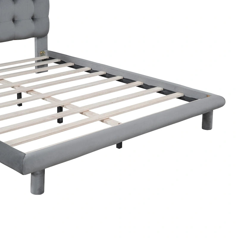 Velvet Upholstered Platform Bed Frame with LED Lights Button-Tufted Headboard