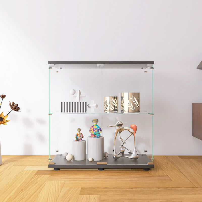 Two-door Glass Display Cabinet 2 Shelves with Door