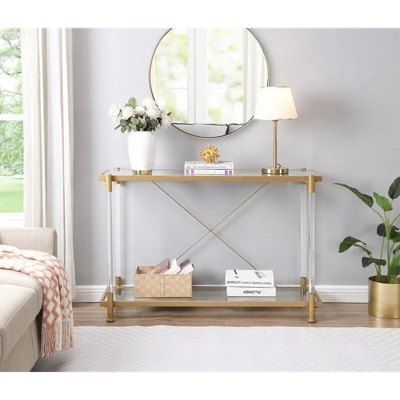 Two-Tier Tempered Glass Console Table with Acrylic Legs Chrome Gold Finish
