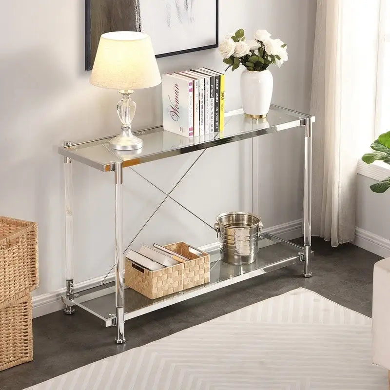 Two-Tier Tempered Glass Console Table with Acrylic Legs Chrome Gold Finish