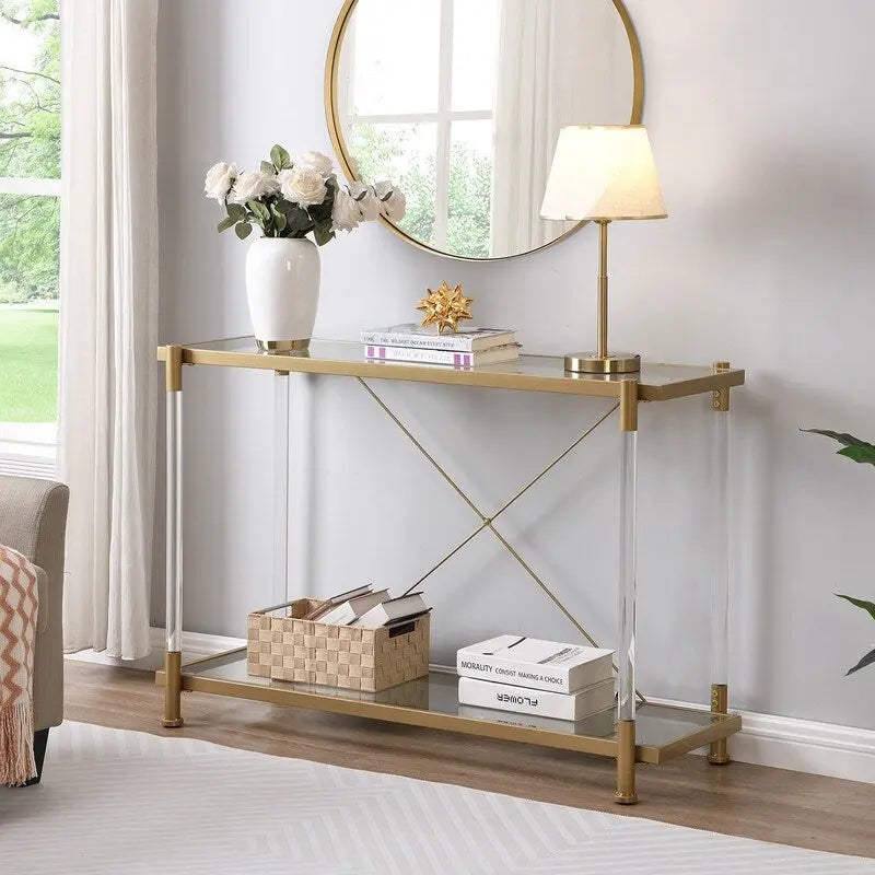 Two-Tier Tempered Glass Console Table with Acrylic Legs Chrome Gold Finish