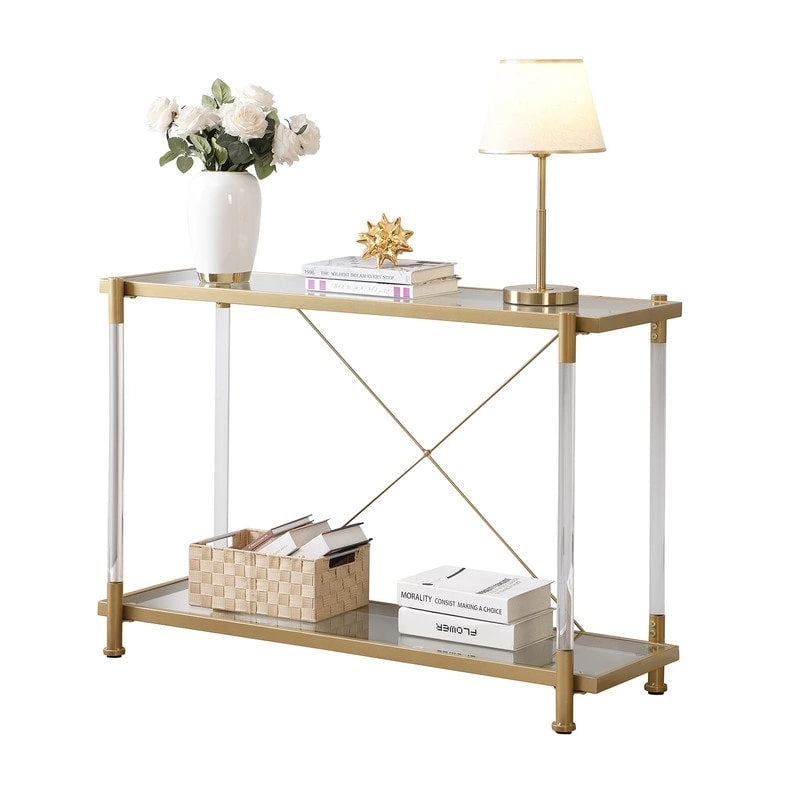 Two-Tier Tempered Glass Console Table with Acrylic Legs Chrome Gold Finish