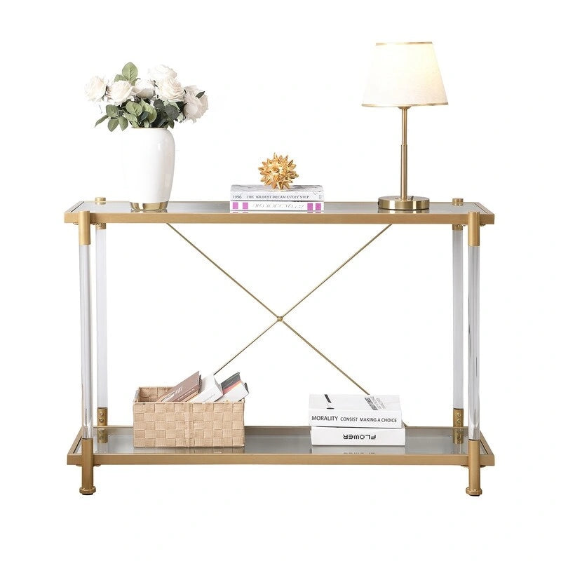 Two-Tier Tempered Glass Console Table with Acrylic Legs Chrome Gold Finish