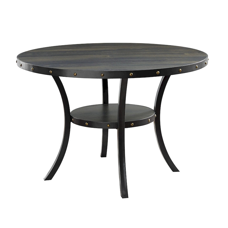 Round Nailhead Trim Dining Table with Lower Shelf, Curved Legs, Smoke & Grey