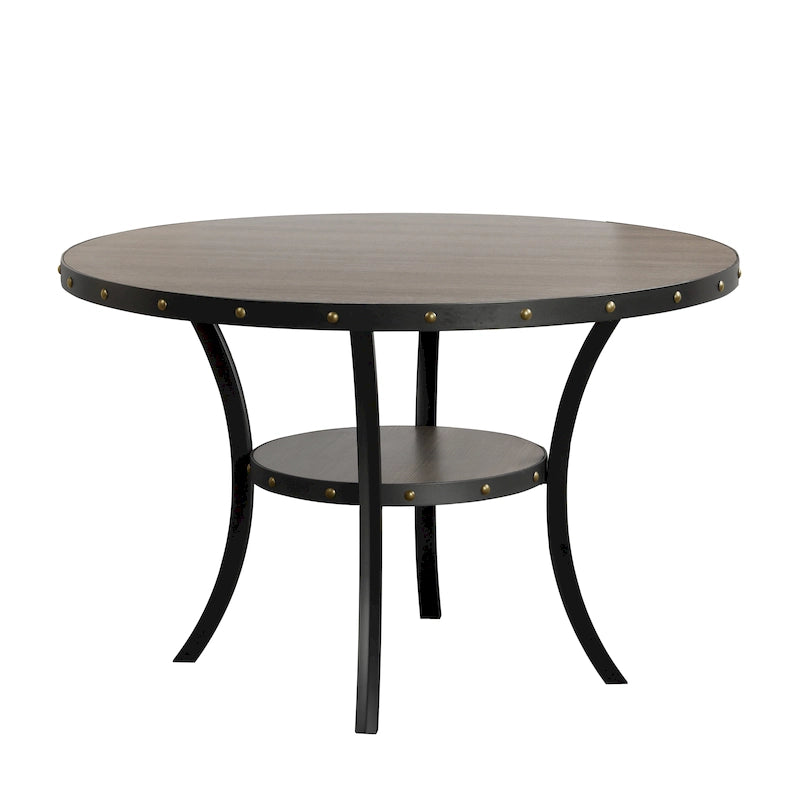 Round Nailhead Trim Dining Table with Lower Shelf, Curved Legs, Smoke & Grey