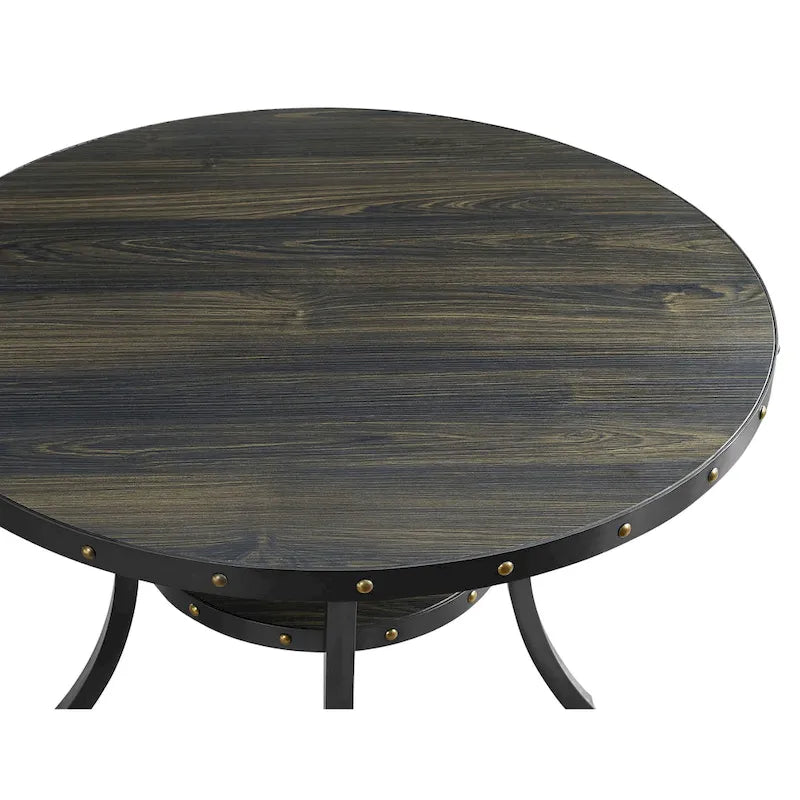 Round Nailhead Trim Dining Table with Lower Shelf, Curved Legs, Smoke & Grey