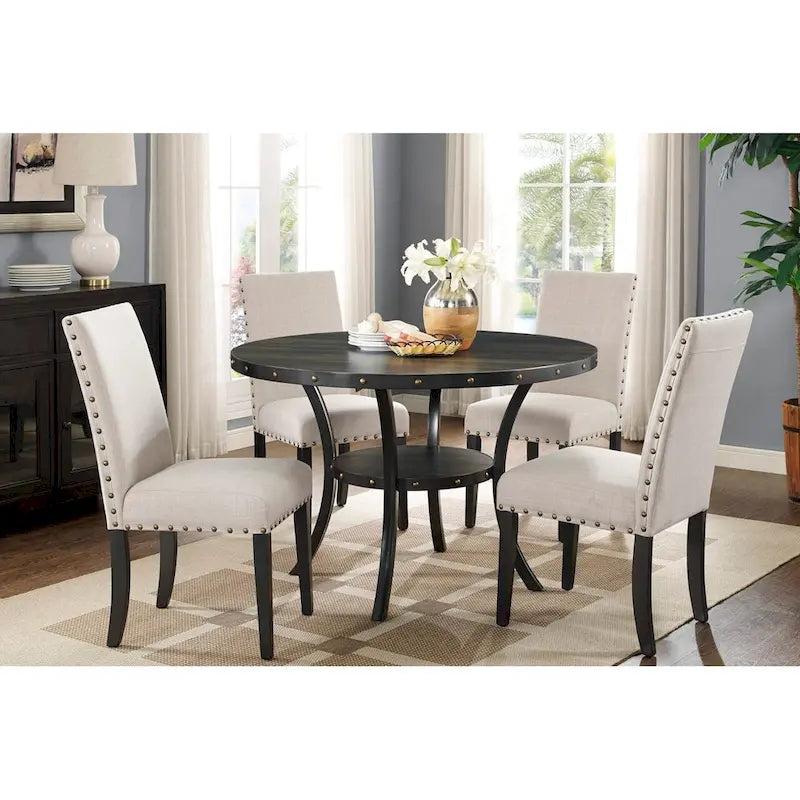 Round Nailhead Trim Dining Table with Lower Shelf, Curved Legs, Smoke & Grey