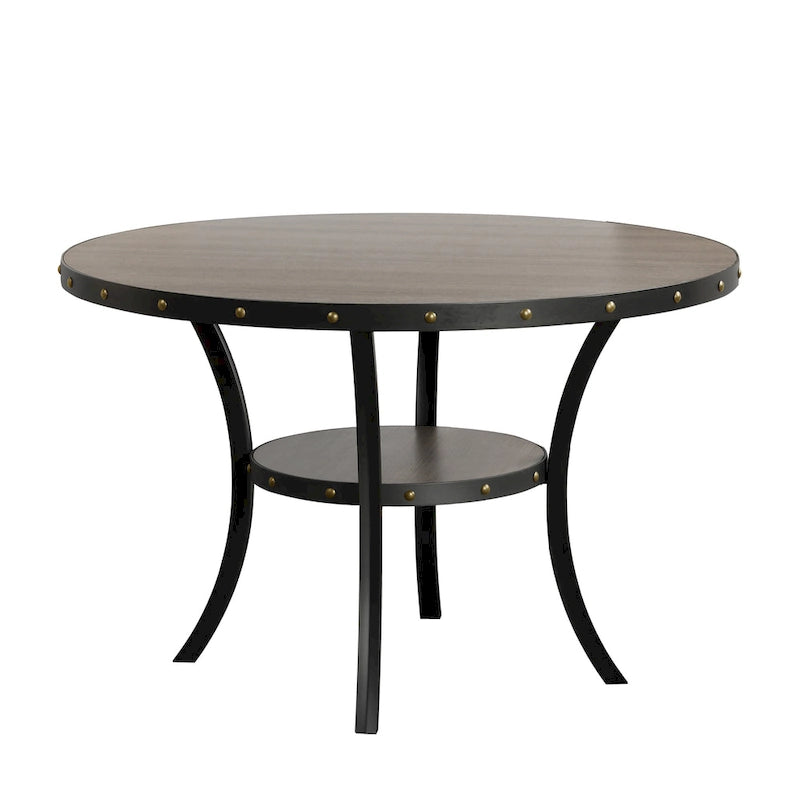 Round Nailhead Trim Dining Table with Lower Shelf, Curved Legs, Smoke & Grey
