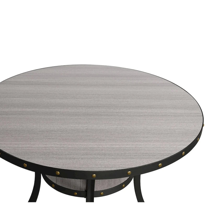 Round Nailhead Trim Dining Table with Lower Shelf, Curved Legs, Smoke & Grey